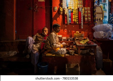Varansai, Uttar Pradesh, India - December 14, 2015 : Paan shop at street, The narrow alleys of old Varanasi's old town, Old street