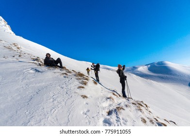 Vardousia mountain, Greece- March 2015: A group of hikers resting after a long distance hiking and enjoying the breathtaking view in Vardousia mountains in Greece