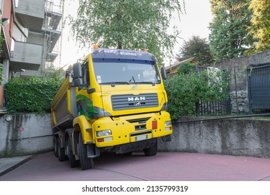 Varese, Italy – September 7, 2016: Construction Site Truck With Tipper Body. Truck With MAN Logo.  Truck For The Transport Of Rubble 