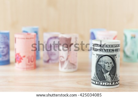 Variable banknotes on wooden top table, currency exchange, currency war 