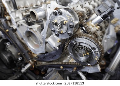 Variable cam timing units installed on Ford 5.0L with front engine cover removed.