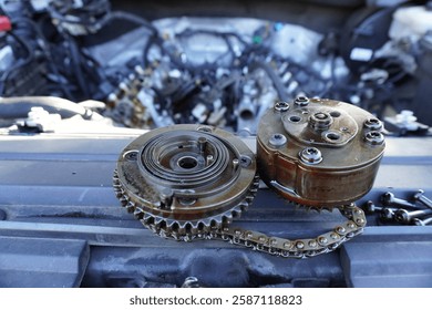 Variable cam timing units removed from Ford 5.0L with engine in background 