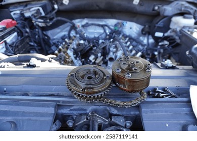 Variable cam timing units removed from Ford 5.0L engine with engine in back ground