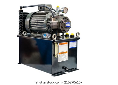 Variable vane pump hydraulic unit with electric motor and oil tank and accessories equipment for machine in industrial isolated with clipping path