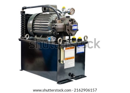 Variable vane pump hydraulic unit with electric motor and oil tank and accessories equipment for machine in industrial isolated with clipping path