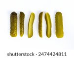 variation cucumber dill pickle cut into spears, isolated on white background, flat lay