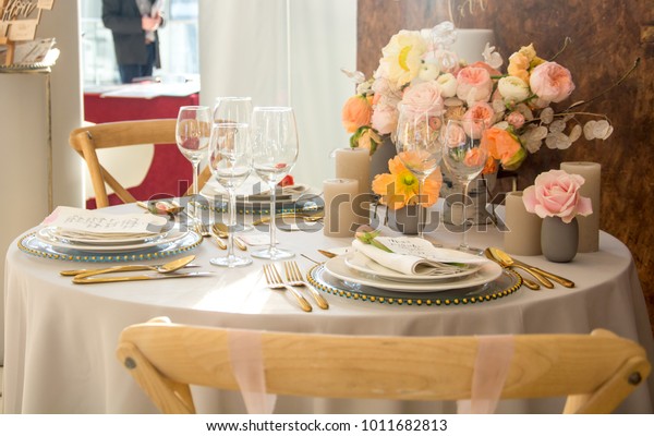 Variation Festive Table Setting Decoration Dinner Stock Photo