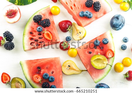 Similar – Image, Stock Photo Tropical fruits on blue plate