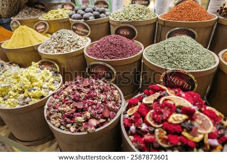 Variations of herbal tea in Spice Bazaar (Mısır Carsısı) in Istanbul, Turkey