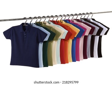 Variaty Of Polo Shirts On Hanging Rail Isolated On White Background