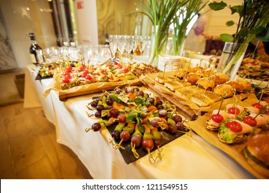 A Lot Of Varied And Delicious Food On Table, Catering At Business Meeting, Snacks, Drinks For Corporate Clients, Guests Of Event, Dinner Restaurant In Buffet Format, Delicious Sandwiches, Canapes