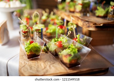 A Lot Of Varied And Delicious Food On Table, Catering At Business Meeting, Snacks, Drinks For Corporate Clients, Guests Of Event, Dinner Restaurant In Buffet Format, Delicious Sandwiches, Canapes