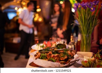 A Lot Of Varied And Delicious Food On Table, Catering At Business Meeting, Snacks, Drinks For Corporate Clients, Guests Of Event, Dinner Restaurant In Buffet Format, Delicious Sandwiches, Canapes