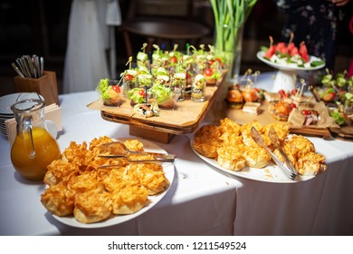 A Lot Of Varied And Delicious Food On Table, Catering At Business Meeting, Snacks, Drinks For Corporate Clients, Guests Of Event, Dinner Restaurant In Buffet Format, Delicious Sandwiches, Canapes