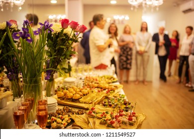 A Lot Of Varied And Delicious Food On Table, Catering At Business Meeting, Snacks, Drinks For Corporate Clients, Guests Of Event, Dinner Restaurant In Buffet Format, Delicious Sandwiches, Canapes