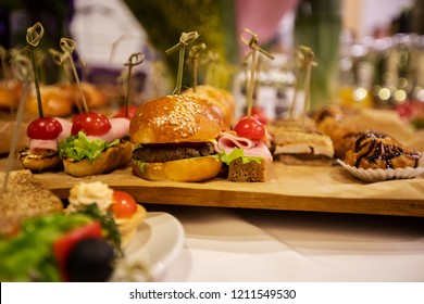 A Lot Of Varied And Delicious Food On Table, Catering At Business Meeting, Snacks, Drinks For Corporate Clients, Guests Of Event, Dinner Restaurant In Buffet Format, Delicious Sandwiches, Canapes