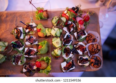 A Lot Of Varied And Delicious Food On Table, Catering At Business Meeting, Snacks, Drinks For Corporate Clients, Guests Of Event, Dinner Restaurant In Buffet Format, Delicious Sandwiches, Canapes