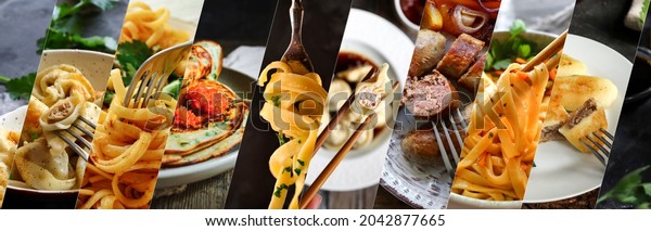 Varied food collage. A varied\
menu, fish and meat, vegetable. Different food on a fork\
collage