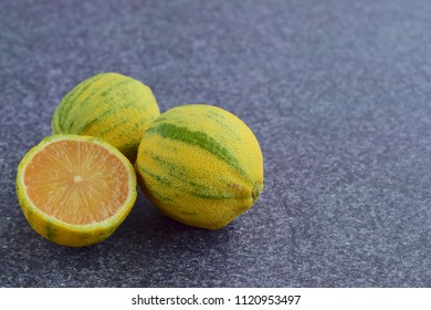 The Variegated Pink Lemon Or Eureka Lemon On Grey Background