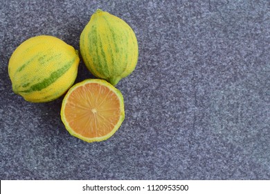 The Variegated Pink Lemon Or Eureka Lemon On Grey Background