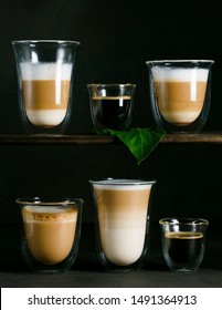 varieties of coffee, double bottom glasses, americano, cappuccino, latte macchiato, doppio, caffelatte, long, espresso macchiato