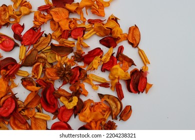Varieties Of Dried Flowers Orange And Red Colors For Potpourri, Fall Colors With A White Background
