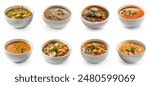 Varieties of soup bowls assorted. Many flavors of soups collection set. mushroom soup, chicken soup, pumpkin soup, shrimp, beef, vegetable, crab. set of various bowls of soups isolated.