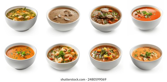 Varieties of soup bowls assorted. Many flavors of soups collection set. mushroom soup, chicken soup, pumpkin soup, shrimp, beef, vegetable, crab. set of various bowls of soups isolated. - Powered by Shutterstock