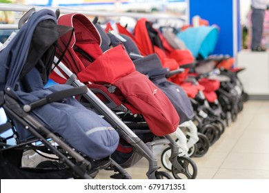 Variety of baby carriages and strollers in kids mall