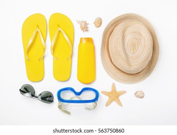 Variety Beach Accessories On White Background. Vacation And Travel Items, Top View