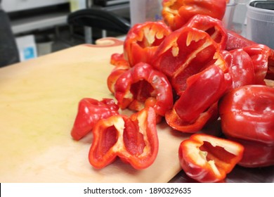 A Variety Of Bell Peppers Being Prepped And Chopped In A Restaurant Grade Kitchen. This Is The Perfect Stock Photo For Restaurants Displaying Fresh Ingredients.