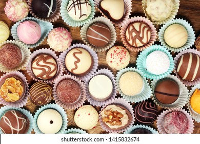 a lot of variety chocolate pralines, belgian confectionery gourmet chocolate confectionery