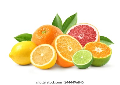 Variety of citrus fruit(green lime, lemon, orange, grpaefruit, tangerine) isolated on white background. - Powered by Shutterstock