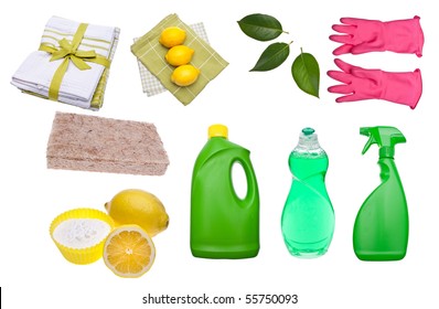 Variety of Cleaning Supplies with Green Environmental Theme Isolated on White. - Powered by Shutterstock