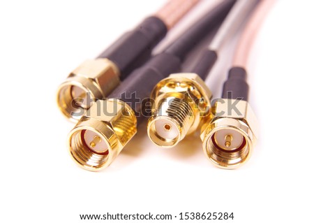 Variety coaxial 50 Ohm RF cables with SMA connectors macro close up