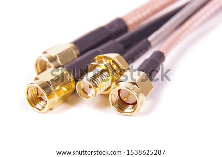 Variety coaxial 50 Ohm RF cables with SMA connectors macro close up