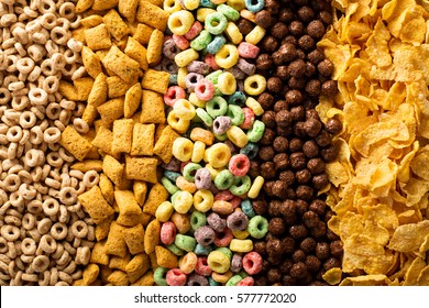 Variety of cold cereals, quick breakfast for kids overhead shot - Shutterstock ID 577772020