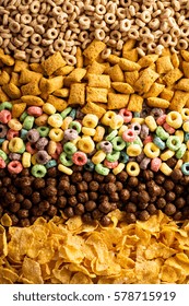 Variety Of Cold Cereals, Quick Breakfast For Kids Overhead Shot