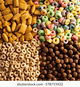 Variety Of Cold Cereals, Quick Breakfast For Kids Overhead Shot