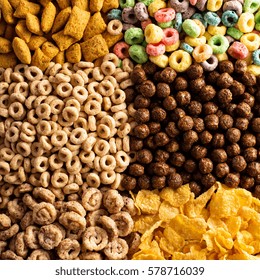 Variety Of Cold Cereals, Quick Breakfast For Kids Overhead Shot