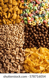 Variety Of Cold Cereals, Quick Breakfast For Kids Overhead Shot