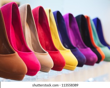 Variety Of The Colorful Leather Shoes In The Shop