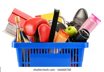 Variety Of Consumer Products In Plastic Shopping Basket Isolated On White