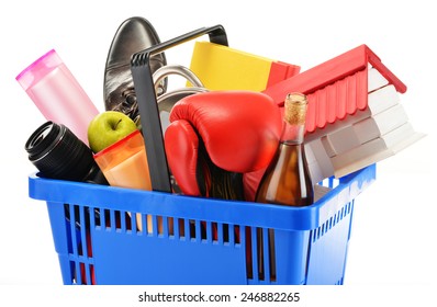 Variety Of Consumer Products In Plastic Shopping Basket Isolated On White