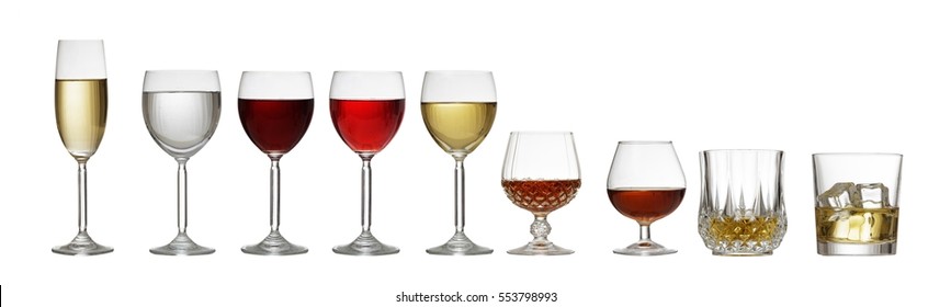 Variety Of Crystal Glasses For Wine And Spirits Isolated On White Background, Front View