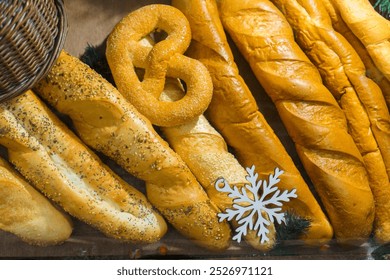 A variety of delicious breads and pretzels are on the table - Powered by Shutterstock