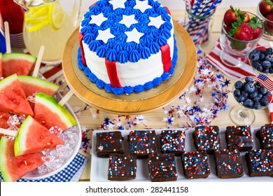 Variety Of Desserts On The Table For July 4th Party.
