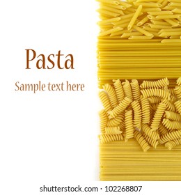 Variety Of Dry Pasta Isolated On White. With Sample Text