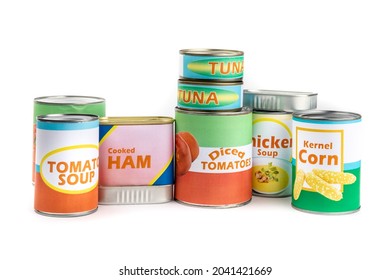 A variety of fake generic labelled food cans isolated on white