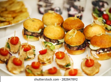 Variety Of Finger Food On Catering Event. Shallow Focus